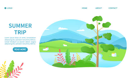 Summer greeting card concept. Suitable for landing page, web design, banner, header, poster and advertising Template of travel and summer vacation outdoor recreation. Light summer colors Vector Illustrationのイラスト素材
