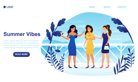 Group of Young Women Relaxing on Open Air Terrace with Sea View. Female Characters Spending Time Together Drinking Cocktails, Communicating, Reading Book, Leisure. Cartoon Flat Vector Illustrationのイラスト素材
