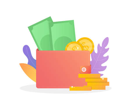 Colorful Concept stack of coin and wallet. Suitable for landing page, web design, poster, banner or flyer Theme of electronic payments, transfers, cryptocurrencies, blockchain Flat Vector illustrationのイラスト素材