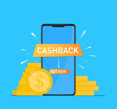 Cashback Refund Money Concept Smartphone with the get now button on a light blue background Around gold coins. Reward Marketing technologies Suitable for banner, web, printing Flat Vector Illustrationのイラスト素材