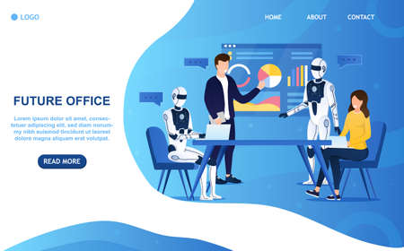 Robots Office Workers Artificial Intelligence Concept. Futuristic Workflow. People and robots work together. Creative Android shows the presentation. Electronic Technology Industry 4.0 Flat Vectorのイラスト素材