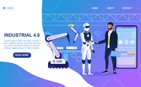 Human meets a humanoid robot in factory Artificial Intelligence Industry 4.0 Concept The robotic arm works on the conveyor of the manufactory Robot manages production Remote factory management Vectorのイラスト素材