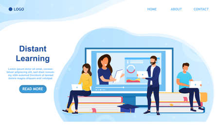 A group of students with laptops study remotely Teacher explains the subject on video E-learning courses or training concept Perfect for landing. web, banner. Easy to edit and customize. Flat Vectorのイラスト素材