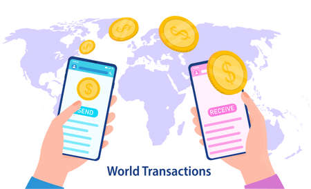 World money transfer. Hand holds smartphone and presses the send button The funds are sent to the recipient Online Global finance Digital Money Smart Banking Suitable for landing, web, printing Vectorのイラスト素材