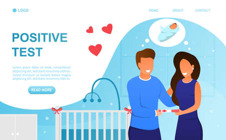 Happy young couple gets a Positive Pregnancy Test result. An attractive family is expecting a baby. The future parents arranged a children's room. Husband and wife dream of having a baby. Flat Vectorのイラスト素材