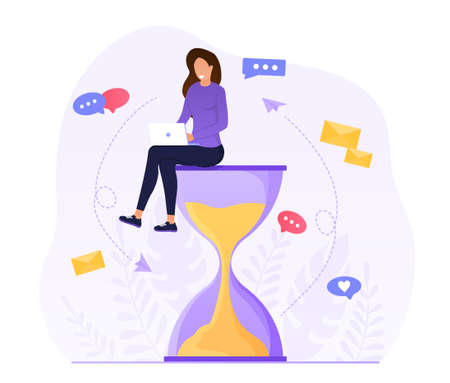 Multitasking Concept. Attractive Woman sitting on an hourglass and working on a laptop.のイラスト素材