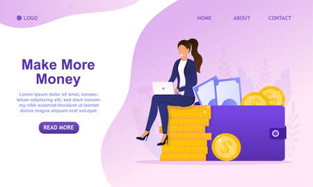 Young Successful Business Woman sitting a stack of coins and looks at the laptop. Female makes money online. Financial independence.のイラスト素材
