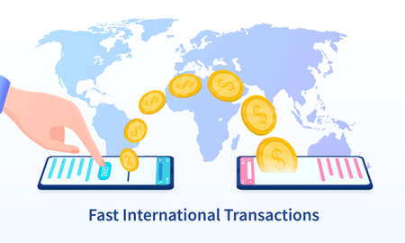 World money transfer. Hands hold smartphones and presses the send button The funds are sent to the recipient Online. Global Digital Money Smart Banking finance. Suitable for landing web Vectorのイラスト素材