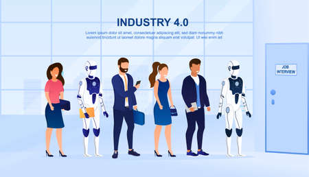 Robots and people stand in line for a job interview. Futuristic concept of competition between machines and people for jobs.のイラスト素材