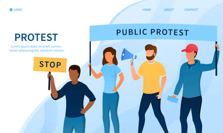 Protest concept. Group of people on the street with banners. The struggle for human rights. Workers' strike. Activists against injustice. Perfect for landing page, banner, web design. Flat Vectorのイラスト素材