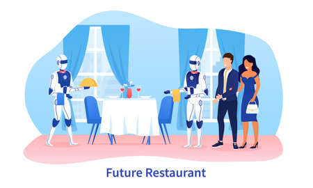 Robot waiter concept. Robots androids serve a table in a restaurant. Cyborg Technologies in the field of service. Catering Robot assistant. Couple in the restaurant is served by robots. Flat Vector