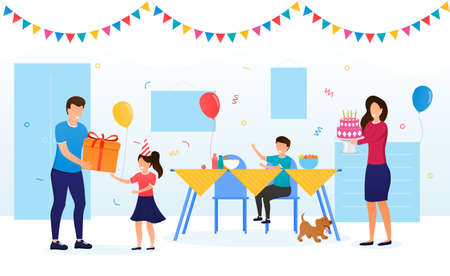 Kid Birthday Celebration with Family concept. Parents congratulate the birthday girl and give a birthday gift. Festive birthday atmosphere Holiday cake with candles Happy childhood Vector Illustrationのイラスト素材