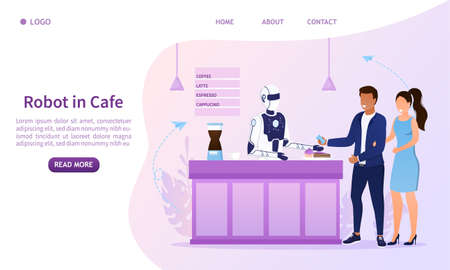 A robot in a cafe serves a young couple. Man and woman in a futuristic cafe. Automation technologies in service sector. Barista robot. Innovation in restaurant business. Flat Vector Illustrationのイラスト素材