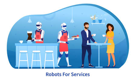 A robot in a bar serves a young couple. Man and woman in a futuristic Bar. Automation technologies in service sector. Bartender robot. Innovation in restaurant business. Flat Vector Illustrationのイラスト素材