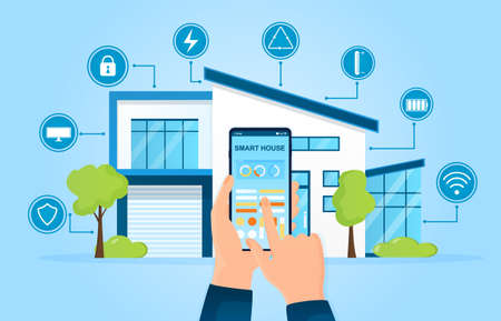 Modern Smart Home Concept. Futuristic house with wireless technology with centralized control. Smartphone control future. Buildings technological systems. Perfect for web, banner or advertising Vectorのイラスト素材