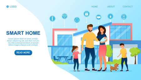 Young beautiful family standing in front of a smart house. Married couple with kids buy the house of their dreams. Technological new house for the family. Perfect for web, banner or advertising Vectorのイラスト素材