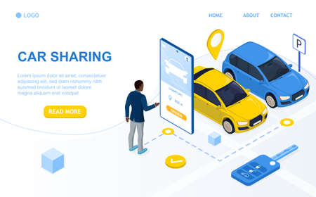 African American man chooses a car using a mobile application on a smartphone. Car Sharing Service. City Transportation. Car Rental Service. Modern vehicle technology. 3d Isometric Vector Illustrationのイラスト素材