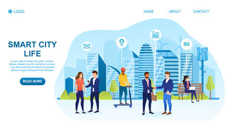Living in a smart city concept. Smart buildings in the background. People lead a normal life: meet business partners, ride a scooter, go on a date, work on a laptop. Technological society. Flat Vectorのイラスト素材