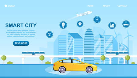 Smart City Concept with icons. An unmanned car on the road goes through a futuristic city. Internet of Things. Automated technologies. Smart buildings on the background. Flat Vector Illustrationのイラスト素材