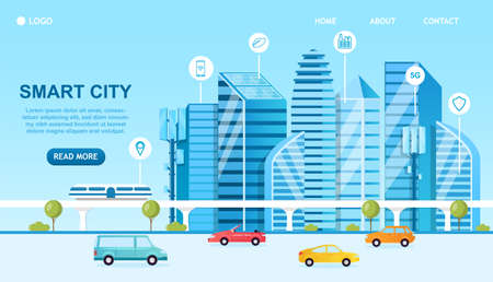 Smart city concept. Futuristic City. Landscape with skyscrapers modern technology. Hyperloop, highway with cars. Green energy. Caring for the environment. Urban view. Flat Vector Cartoon Illustrationのイラスト素材