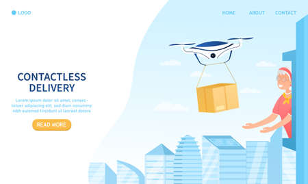 Contactless Delivery Concept. The drone delivers food to the elderly woman. Safe ordering of products. Online store. Perfect for landing page, banner and web design. Flat Vectorのイラスト素材