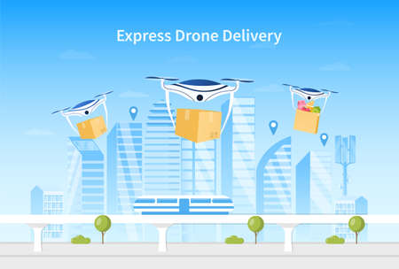 Drone delivery concept. A group of drones delivers boxes in the background of a smart city. Futuristic drones fly to delivery recipients. Smart shipment technology. Flat Vectorのイラスト素材