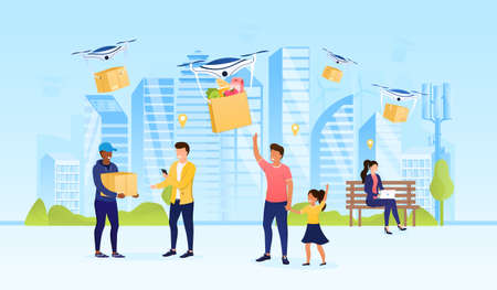Happy citizens receive their parcels in the city. Express drone delivery concept. Digital consumer marketing. Futuristic quadcopters over the city. Perfect for landing page web design.のイラスト素材