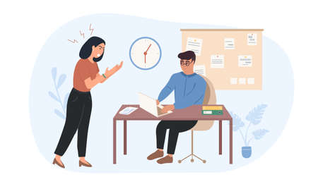 Lady boss is dissatisfied with the work of the employee. The leader shouts at the subordinate. Worker afraid despotic lady boss. Woman tyrant Pressure on employees. Woman Chef Flat Vector Illustrationのイラスト素材
