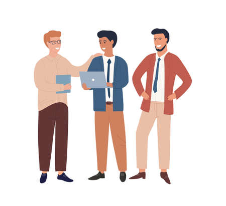 A group of three colleagues in suits discuss work together. Employees solve roject issues. Workflow. Managers perform tasks. Businessmen present a business plan. Colorful Flat Vector Illustrationのイラスト素材