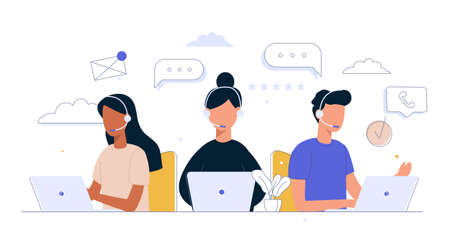 Customer service concept, hotline operator assistants, global technical support, customer support. Call center. Flat Vector Illustration.のイラスト素材