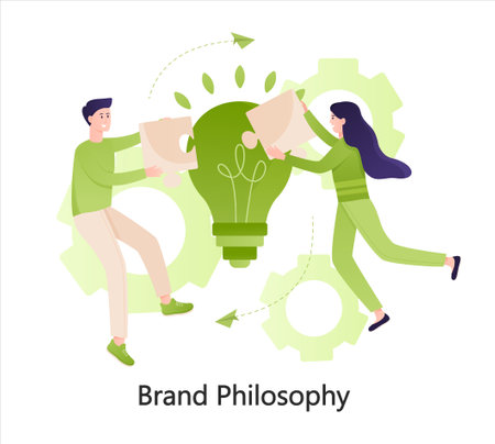 Brand philosophy, project management. Idea planing concept. Business process. Start up time. Teamwork. Business process. Management development. Flat Vector Illustrationのイラスト素材