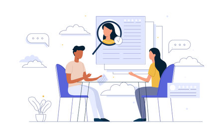 HR specialist having an interview with job applicant. Negotiation. Meeting. Man and Woman Characters Having Business Conversation. Employment process. Flat Vector Illustrationのイラスト素材