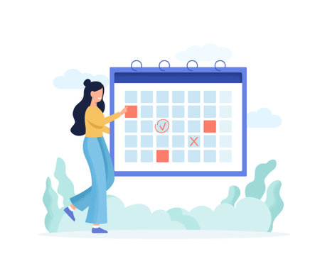 Woman Planning Schedule with Calendar. Circle Date on Huge Calendar. Business Plan. Time Management. Memo Reminder. Work Plan Concept. Flat Vector Illustration.のイラスト素材