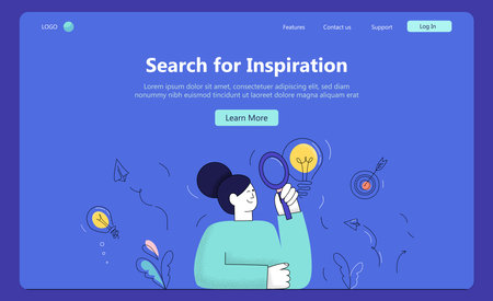 The woman is holding magnifier, looking for idea. SEO, Search Engine Optimization. Generating ideas, imagination, inspiration concept. New business ideas Colorful flat vector illustrationのイラスト素材