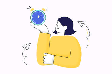 Woman holding a clock in her hand. Break, mind and emotions, thought process. Harmony. Flat Vector Illustrationのイラスト素材