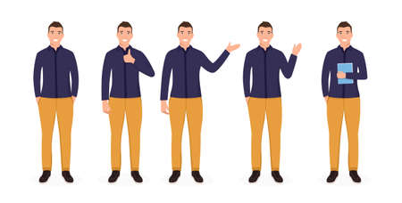 Young handsome man standing in different poses. Dressed in casual clothes. Flat Vector Illustrationのイラスト素材
