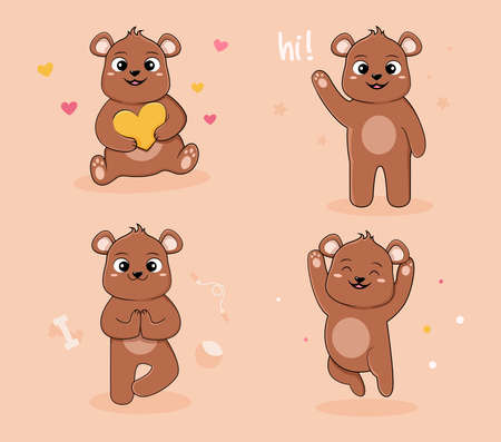 Funny cartoon teddy bears set. Flat Cartoon Vector Illustration isolated on white background.のイラスト素材