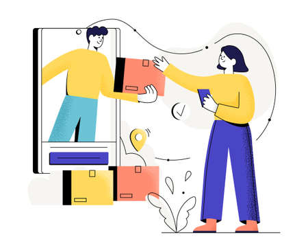 Delivery courier man holding Parcel Box with mobile phone. Happy woman get her package. Hand drawn style flat vector illustrationのイラスト素材