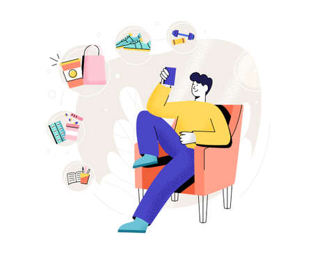 Man buying ordering clothes in internet store. Online store e-commerce. Mobile shopping concept. Modern flat vector illustrationのイラスト素材