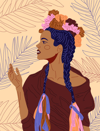 Portrait of the beautiful Mexican girl in in traditional national clothes. Indian girl. Ethnic american female. Flat Vector Illustrationのイラスト素材