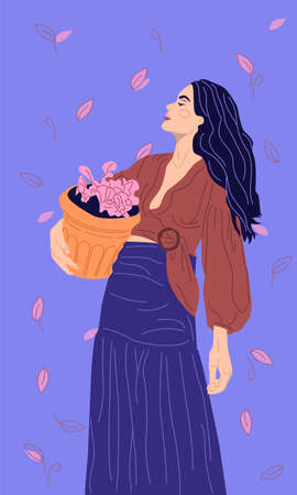Beautiful woman with flowers. Young girl hugs bouquet. Mental health. Mindfulness. Flat Vector Illustrationのイラスト素材