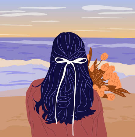 A beautiful young girl with a bouquet in her hands looks into the distance at the sea. Autumn mood. Flat Vector Illustrationのイラスト素材