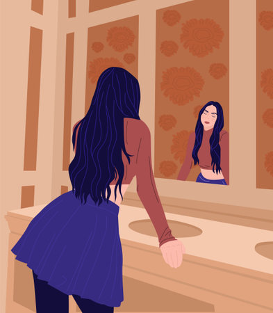 Sexy young woman in trendy clothes. She looks at herself in the mirror. Concept of Feminine Self-confident cute girl. Flat Vector Illustrationのイラスト素材