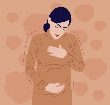 Pregnant woman has digestive system problem. Diarrhea stomach illness. Pregnant woman suffering from headache, stress and nausea sickness. Flat Vector Illustrationのイラスト素材