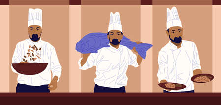 A professional chef prepares fish and garnish. Set with chef in the process of cooking. Flat Vector Illustrationのイラスト素材