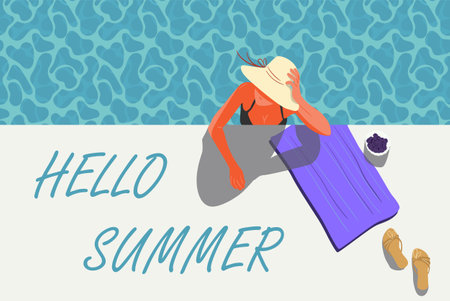 Poster with young sexy woman near pool. Elegant woman in hat. Design for background, banner, poster.のイラスト素材