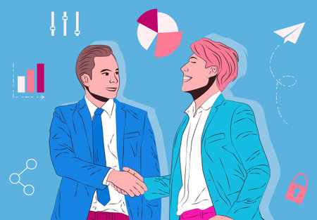Two business partners handshaking. Agreement for success, teamwork, partnership. Flat Vector Illustrationのイラスト素材