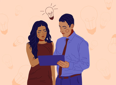 Young woman and man finding new idea. Shiny light bulb. Work, team work on the project, standing together, brainstormingのイラスト素材
