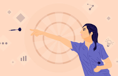 Girl aim to target. Work in focus, productivity and self discipline. Powerful female character achieves goalのイラスト素材