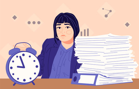 A young woman sitting near the big clock and working with documents. Concept of deadline. Flat Vector Illustrationのイラスト素材